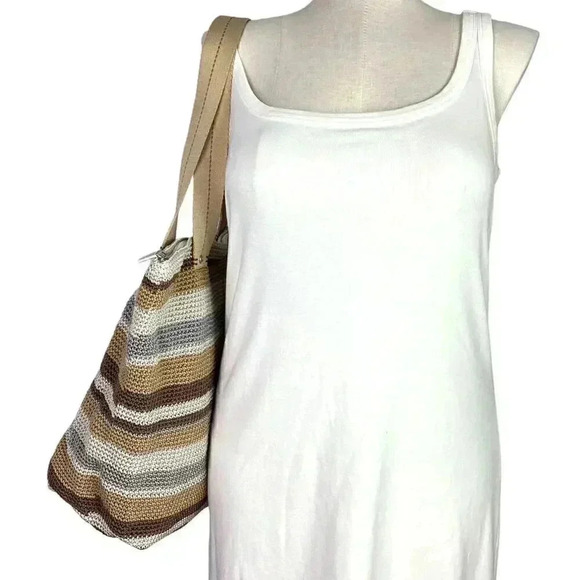 The Sak Mendocino Stripe Crochet XLarge Double Strap Zip Top Tote Vegan NEW Sand - Picture 4 of 11